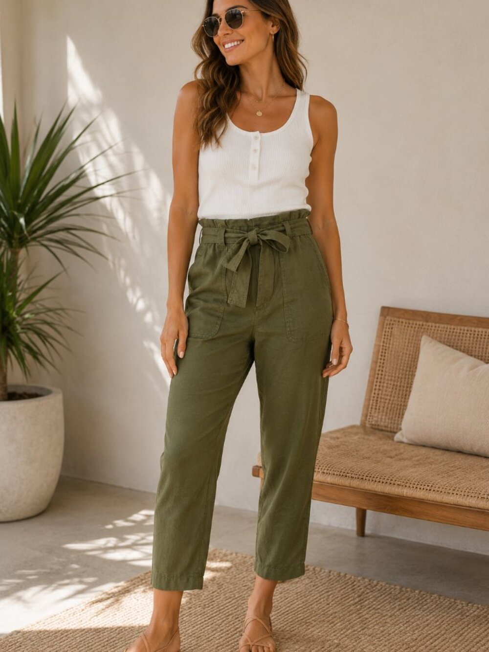 Banana Republic Green Linen Blend High-Waist Paper Bag Trousers Pants Size 0